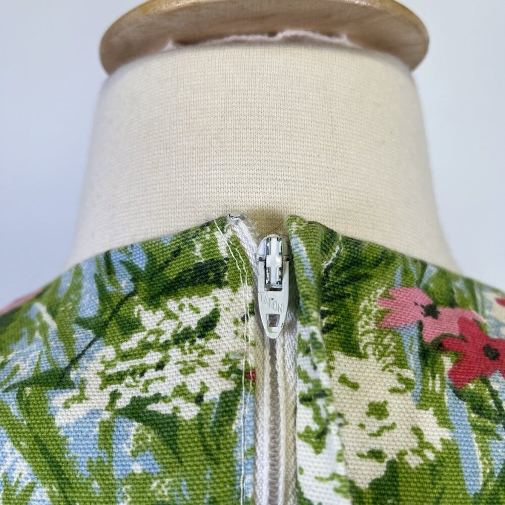Vintage 60s Shift Mod MCM Floral Dress Green Spring Sleeveless Retro Sundress - Picture 8 of 10
